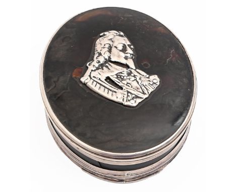 An English silver mounted oval tortoiseshell tobacco box and cover,&nbsp;&nbsp;late&nbsp;17th c,&nbsp;&nbsp;the cover applied