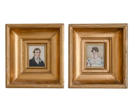 English School, 19th century - Portrait Miniatures of Mr & Mrs Hooper,  he in a black coat and white stock, she in a lace tri