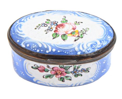 A South Staffordshire enamel patch box , late 18th c,&nbsp; painted with floral reserves on a lavender blue ground, 50mm l Si