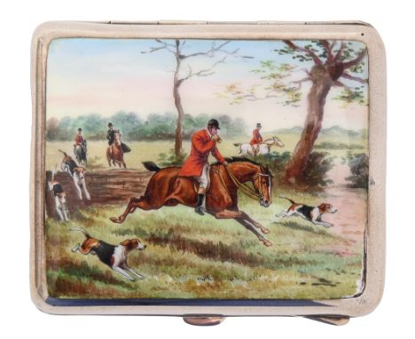A silver and enamel cigarette case, the front decorated with fox hunters in full cry, 85mm l, import marked S Ltd within a cr