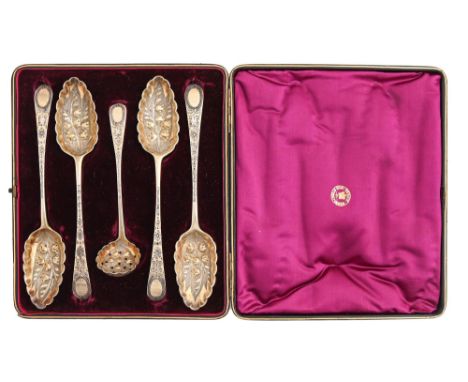 A Victorian chased and parcel gilt five-piece silver 'berry' service, Old English pattern, spoons by George Smith and Thomas 