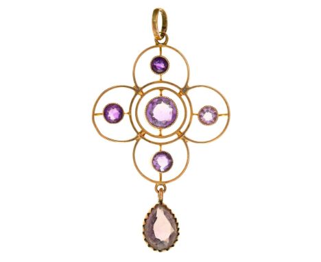 An amethyst openwork pendant, early 20th c, in gold, 44mm h, marked 9ct, 3.2g Good condition