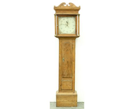 An English pine thirty hour longcase clock, early 19th c, the dial pierced with date sector and painted with a bird, in strip