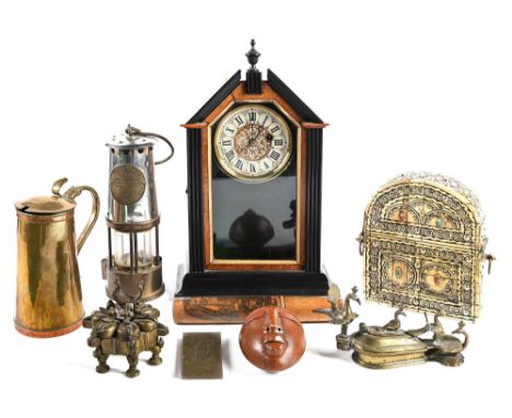 A brass and ferrous metal miner's safety lamp, a 19th c softwood mantel or shelf clock, etc 