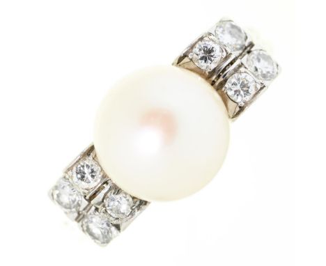 A cultured pearl and diamond ring, in platinum, unmarked, 5.4g, size J½ Light wear scratches on hoop