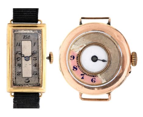 An 18ct gold rectangular lady's wristwatch, 14 x 24mm, import marked Glasgow 1930 and a 9ct gold half hunting cased lady's wr