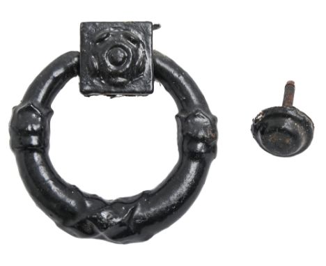 A Regency cast iron ribbon-and-ring door knocker and stud,&nbsp; door knocker 16cm h Good condition, black painted several ti