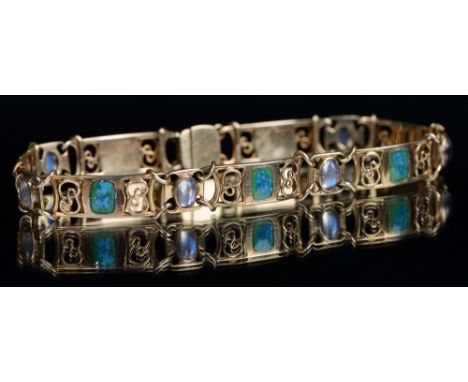 Liberty &amp; Co. A gold, moonstone and translucent enamel bracelet, designed by Archibald Knox, c1905,&nbsp;model 8001, 18.5