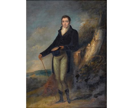 English School, 19th c - Portrait of a Regency Gentleman,&nbsp;small full-length, holding his hat and cane, oil on mahogany p