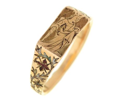 A Medieval English gold devotional ring, 15th c, the flat top engraved with the full length figure of St Catherine, the folia