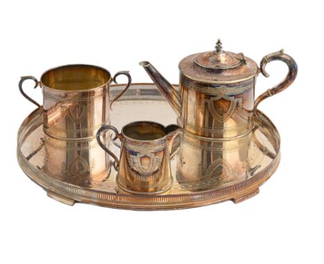 An Edwardian EPNS bachelor's tea service and tray, of can shape, engraved with vacant shield cartouche, tray 36.5cm l (4) Sli