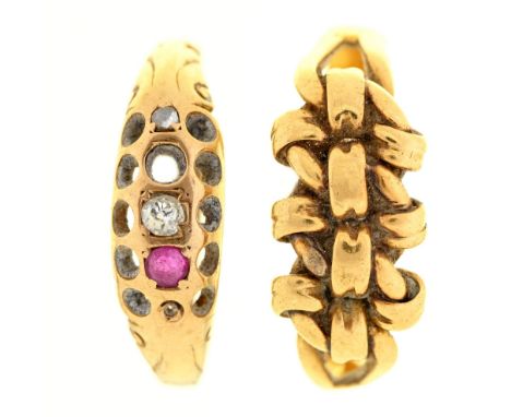 Two 18ct gold rings, one partly set with ruby and diamond, 4.6g (both damaged) 
