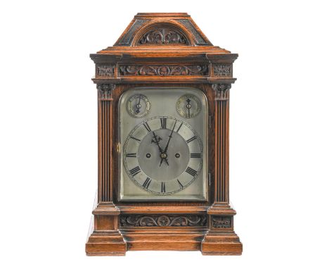 A German oak eight day ting-tang bracket clock, Winterhalder and Hofmeier, c1900, the silvered dial with subsidiary CHIME / S