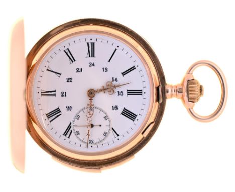 A Swiss 14ct gold quarter repeating keyless lever hunting cased watch, late 19th c, with enamel dial and gold filigree hands,