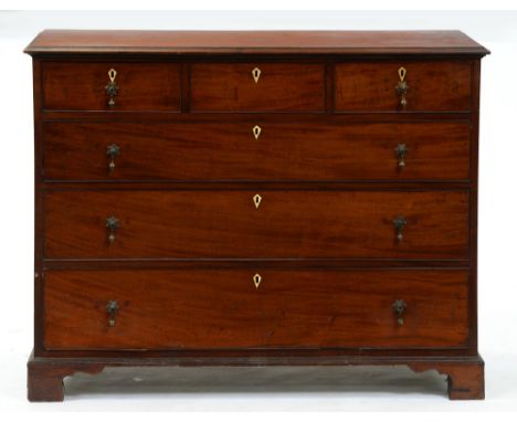 A Victorian mahogany chest of drawers, early 19th c, with ivory kite escutcheons, on bracket feet, 95cm h; 54 x 123cm Handles