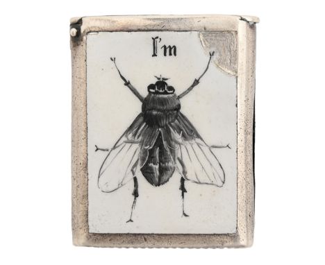 A Victorian silver and enamel vesta case, decorated with an amusing pictograph 'I'm fly', 40mm h, by Deakin and Francis, Birm