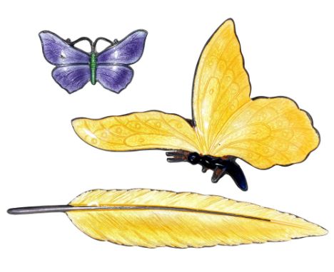Two silver and translucent enamel insect brooches and a similar leaf brooch, first half 20th c, leaf 76mm l, 20.7g Good condi