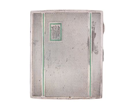 An Art Deco silver and green enamel cigarette case, engine turned, 85mm, by E J Trevitt &amp; Sons, Chester 1932, 3ozs 5dwts 