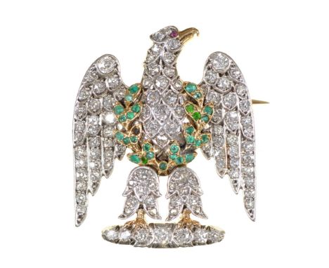 Royal Scots Greys. A diamond, emerald and ruby sweetheart brooch, first half 20th c, in gold, 33mm, demountable, 11.6g A Priv