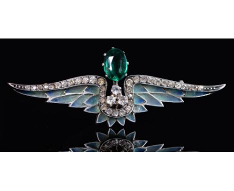 A green and colourless paste and silver and plique a jour enamel wings brooch, c1900, 67mm, indistinct maker's and control ma