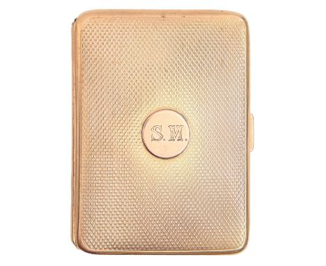 A 9ct gold cigarette case, engine turned, 83mm l, marks rubbed, Birmingham c1930, 63.7g One or two slight dents, the front ap