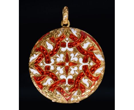 A Victorian gold and enamel mourning locket, double sided, decorated in white and red guilloche enamel interlacing and engrav