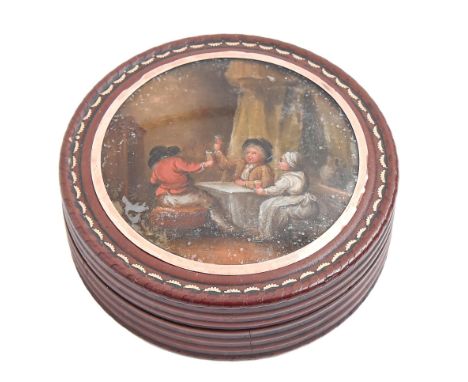 A French tortoiseshell lined composition snuff box and cover, 19th&nbsp; c,&nbsp; the cover inset with a miniature on tin of 