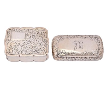 A Victorian silver snuff box,&nbsp;engraved with leafy scrolls, 55mm l, by Hilliard &amp; Thomason, Birmingham 1895 and anoth
