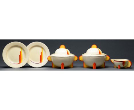 Clarice Cliff.&nbsp; A pair of A J Wilkinson Stepped Blocks Stamford tureens and covers, jug and pair of plates, 1928,&nbsp;t