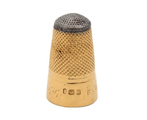A&nbsp; George III 18ct gold thimble, with (detached) steel top, inscribed ANNA MARIA YOUNG and dated 1797, maker's mark rubb
