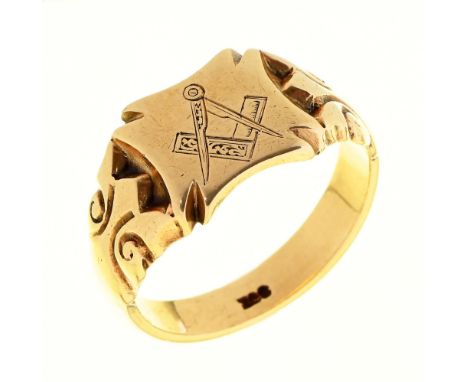 A gold signet ring, engraved with masonic emblems, marked 9ct, 6.2g, size R Good condition