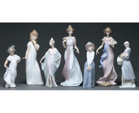 Four Lladro figures of young women and three similar Nao figures,&nbsp;31cm h and smaller, printed mark&nbsp;(7) 