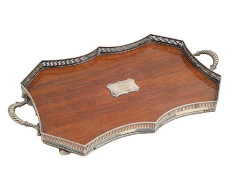 An EPNS mounted oak gallery tray, c1918, on bun feet, 60.5cm over handles Horizontal shrinkage crack and a few light scratche