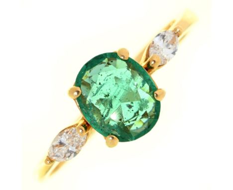 An emerald and diamond ring, the larger oval emerald flanked by navette diamonds, in gold, unmarked, 2.8g, size P Good condit