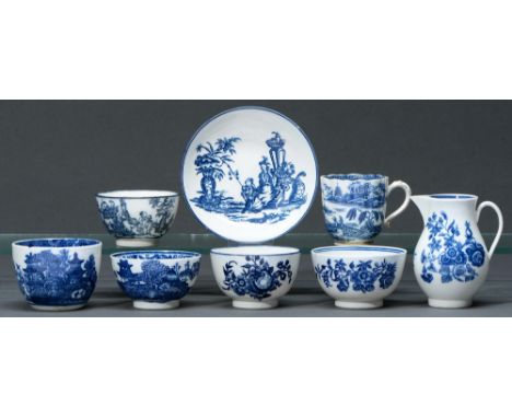 Five Caughley blue and white tea bowls, a coffee cup, saucer and sparrow beak jug, c1776-99,&nbsp; transfer printed with the 