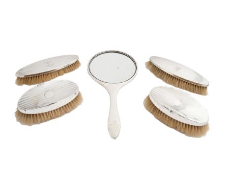 A George V silver brush set, engine turned, Birmingham, makrs rubbed, c1920 (5) Dents and wear