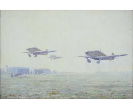 T. Waite, 20th c - Early Morning Hurricanes on Dawn Patrol, signed and dated 41, later titled and inscribed to verso, waterco