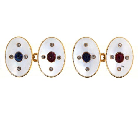 A pair of&nbsp; ruby, diamond, sapphire and mother of pearl cufflinks, early 20th c, in gold, 18mm l, marked 18, 11g Good qua