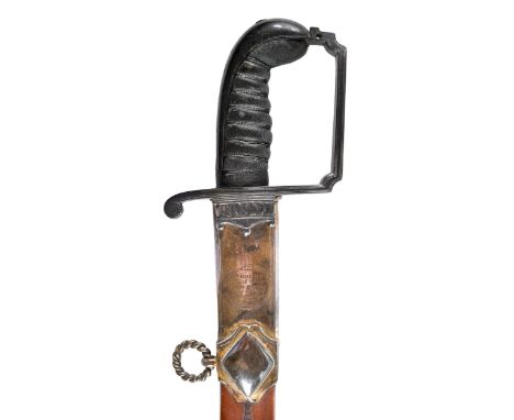 A British light cavalry officer's sword and scabbard, c1800, with neo classical style shaped square knuckle bow and langet, t