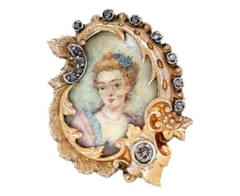 A diamond cartouche brooch, c1900, set with a portrait miniature of a lady on ivory, 32mm, indistinct foreign control mark, 6