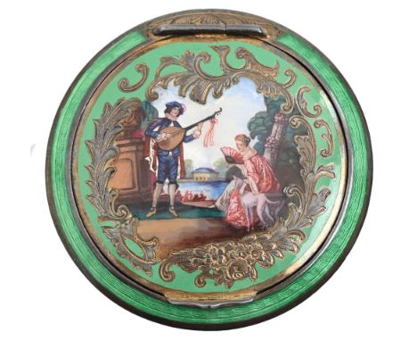 A Continental silver and green guilloche enamel compact, the lid decorated with a lady and musician, a mirror to the undersid