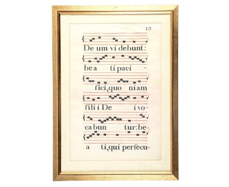 Manuscript. Leaf from an antiphonal, first half 17th c, six staves, black and red ink on vellum, recto and verso, numbered 13