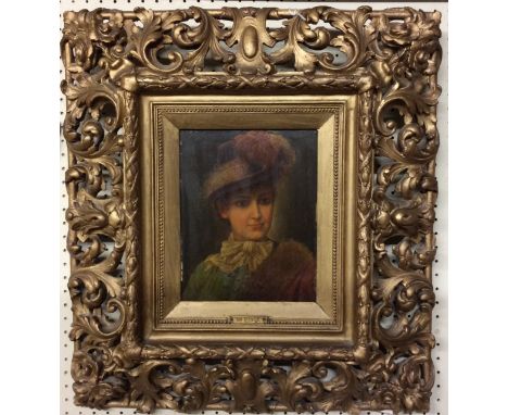 CH D'ESTE, A 19TH CENTURY OIL ON PANEL  Portrait of a maiden wearing a feathered hat and a mink coat over one shoulder, signe