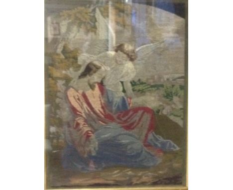 A LARGE 19TH CENTURY WOOLWORK TAPESTRY Ecclesiastical scene of a seated Christ, being comforted by a winged angel, with build