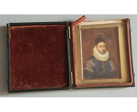 A 19TH CENTURY RECTANGULAR PORTRAIT MINIATURE ON IVORY 'Sir Richard Bolton, Chancellor of Ireland, 1639', with a Tudor style 