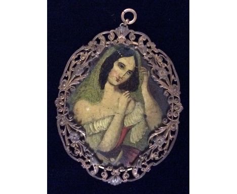 A 19TH CENTURY OVAL PORTRAIT MINIATURE ON TIN A young maiden adjusting headdress and wearing a red dress with lace collar, he