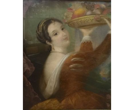 A LARGE 19TH CENTURY PASTEL  Portrait of a lady holding a bowl of fruit aloft, framed and glazed.  (67cm x 81cm)