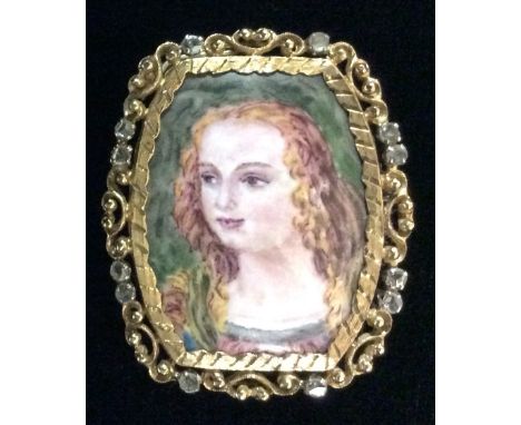 A RENAISSANCE STYLE 18CT GOLD, DIAMOND AND ENAMEL PORTRAIT OVAL PENDANT/BROOCH STAMPED 750 With pierced scrolled border inter
