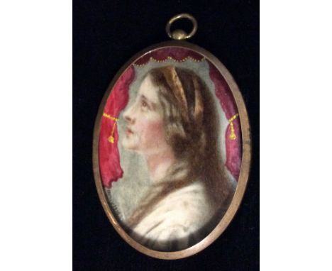 SHELLY, A 19TH CENTURY PORTRAIT MINIATURE ON IVORY Profile of a young maiden wearing a gilt ribbon, framed within a theatrica
