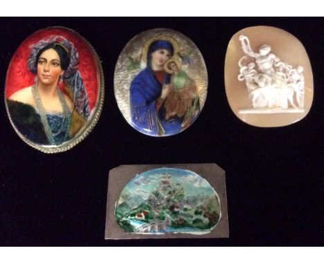A LATE 19TH CENTURY WHITE METAL AND ENAMEL OVAL PORTRAIT MINIATURE BROOCH A Victorian style lady wearing an elaborate headdre